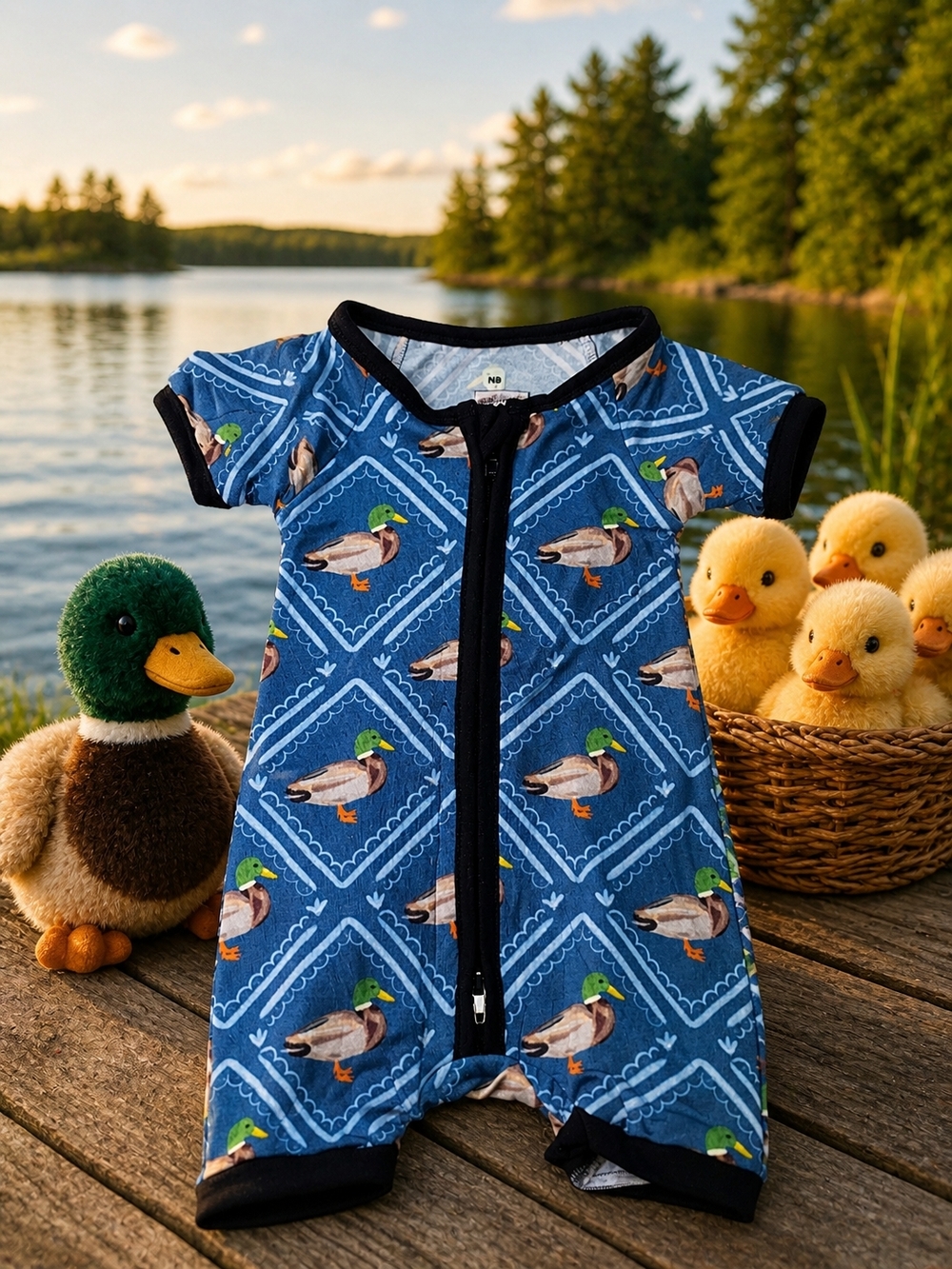 NWOT Short Sleeve Bamboo Romper with Mallard Duck Print - Blue